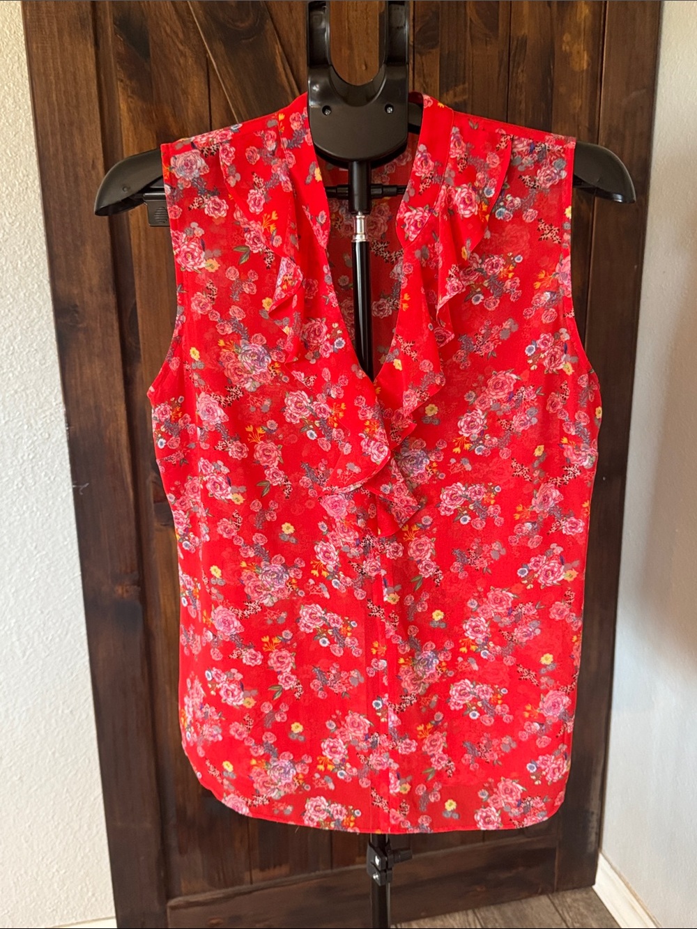 CAbi Red Floral Ruffle Neck Sleeveless Camisole